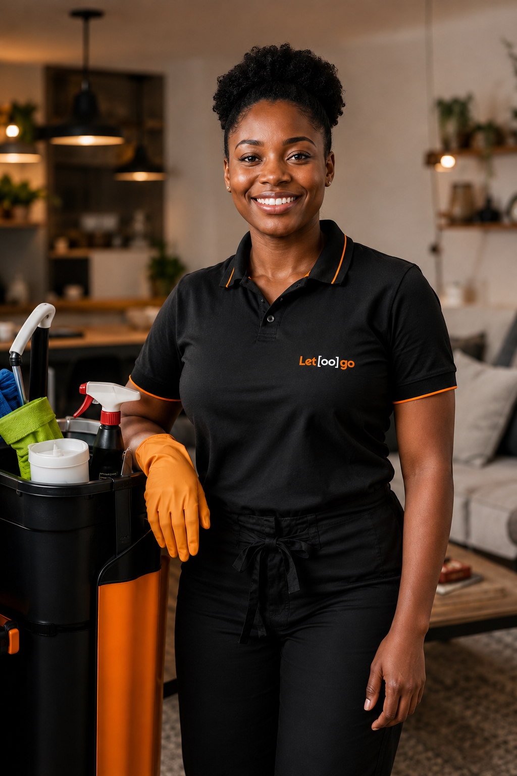 A Letoogo team member in uniform with her cleaning trolley, ready for work